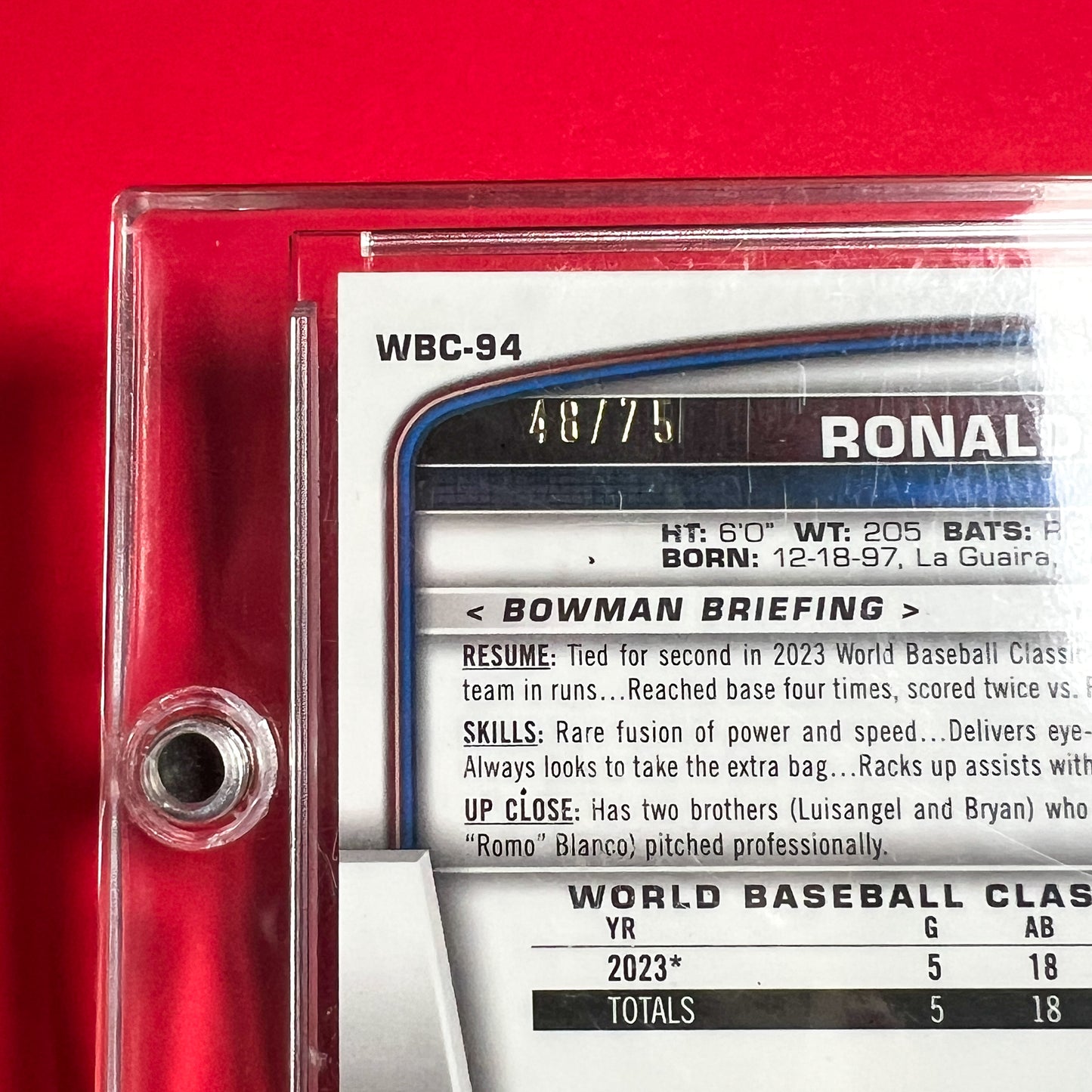 Ronald Acuña Jr 2023 Bowman Chrome /75 Blue Refractor WBC Venezuela