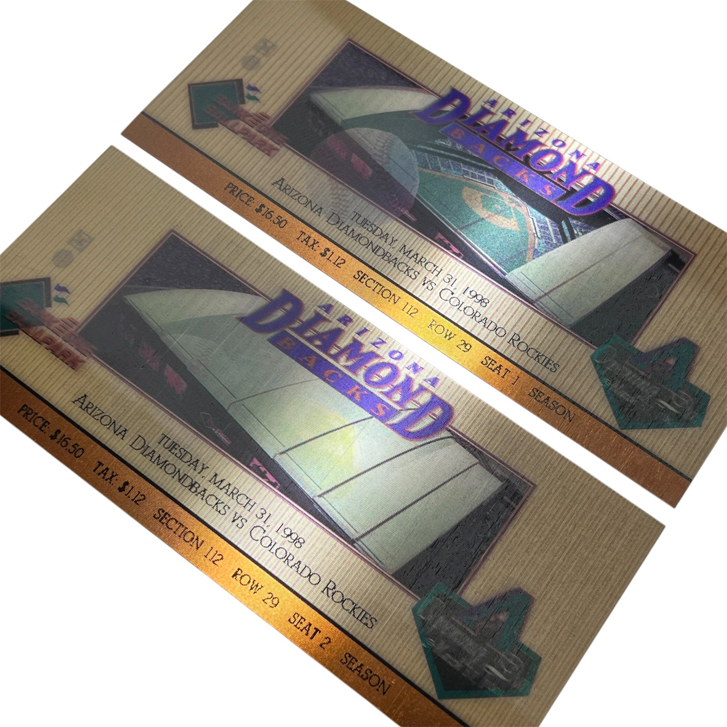 Original Arizona Diamondbacks 1998 Inaugural Opening Day Lenticular Tickets